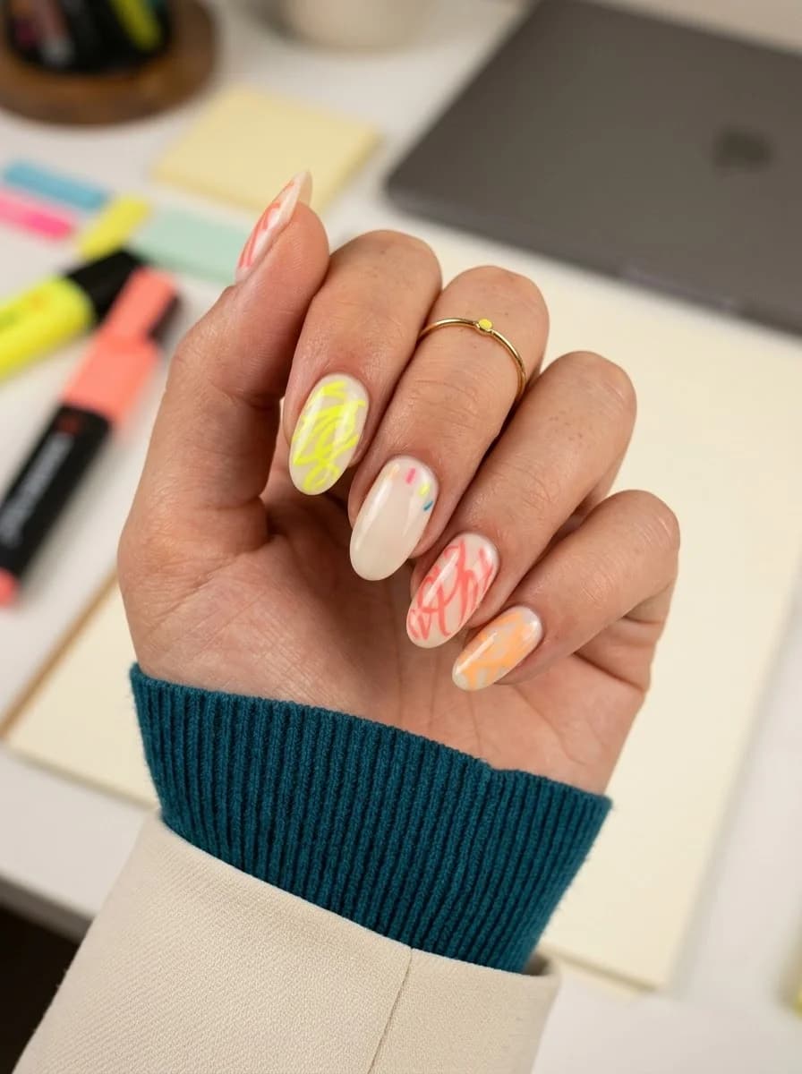 White nails with orange and pink abstract swirls