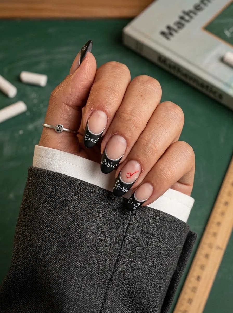 Nude nails with black French tips decorated with tiny white math formulas