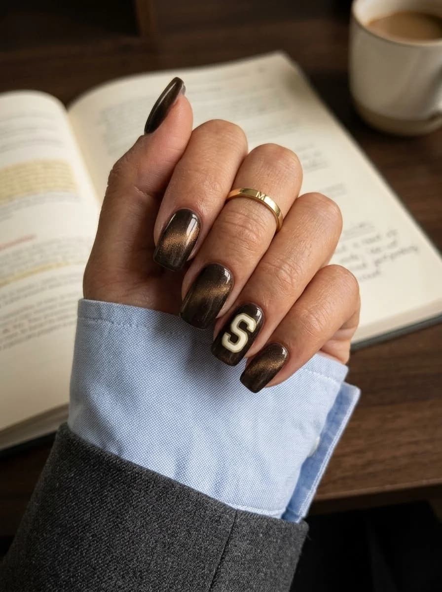 Glossy chocolate brown nails with a single initial accent