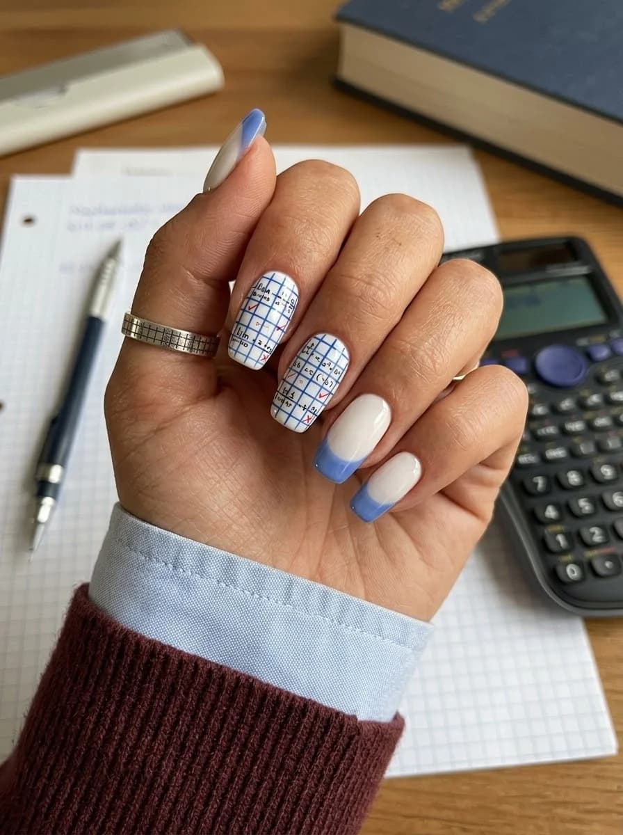 White nails with blue French tips and a notebook grid accent nail