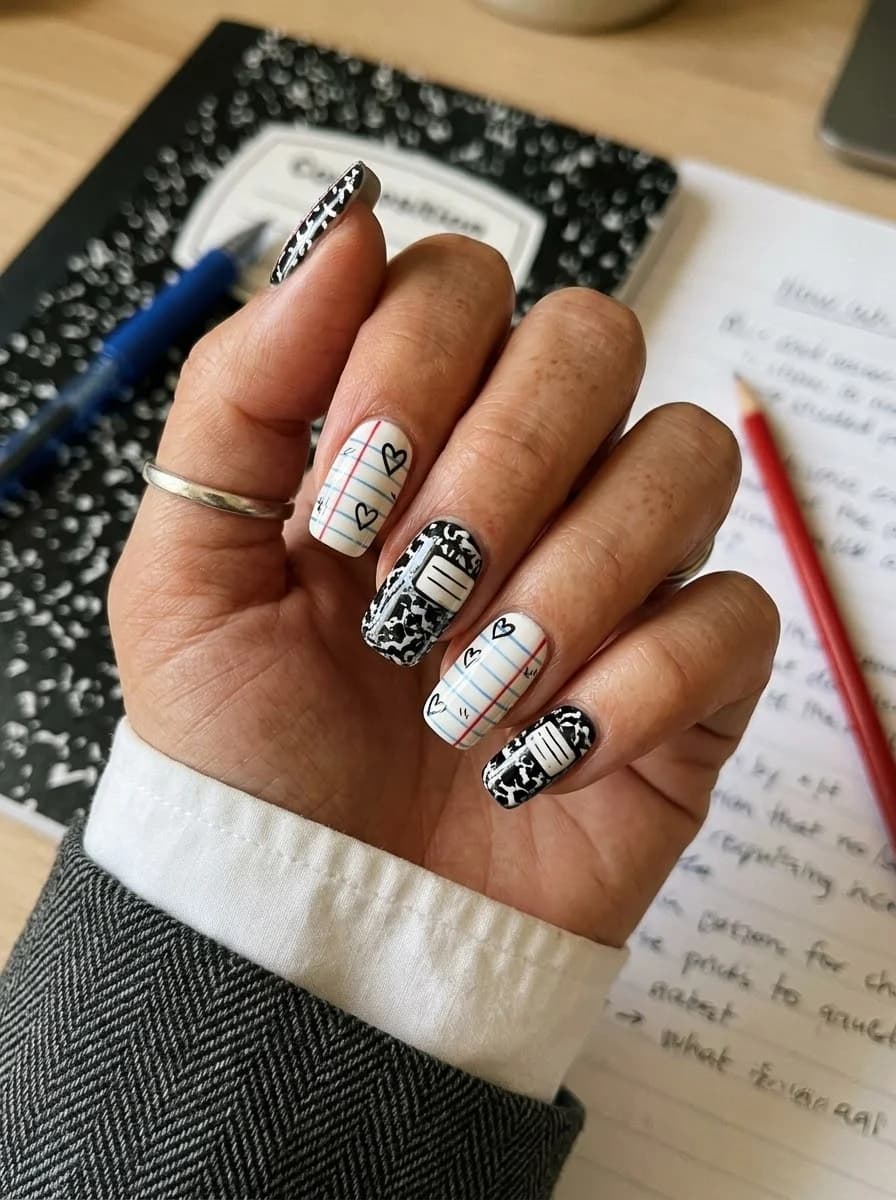 White nails with black-and-white graphic pattern and heart accents