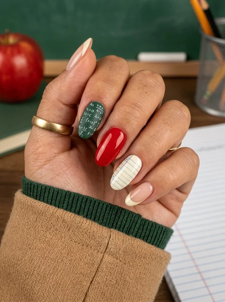 Green French tips with tiny white math formulas and one glossy red accent nail