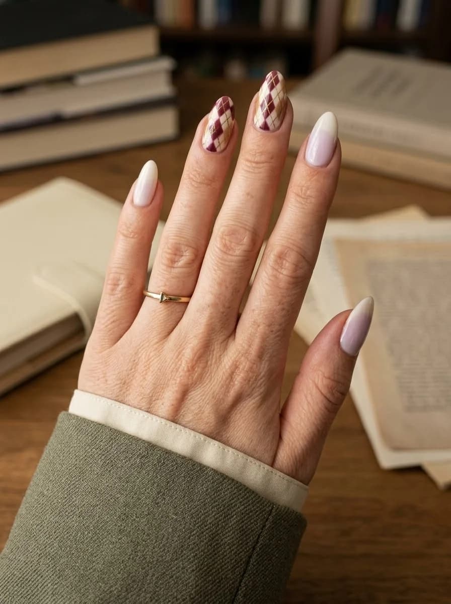 Milky white nails with burgundy French tips and burgundy plaid accent nails