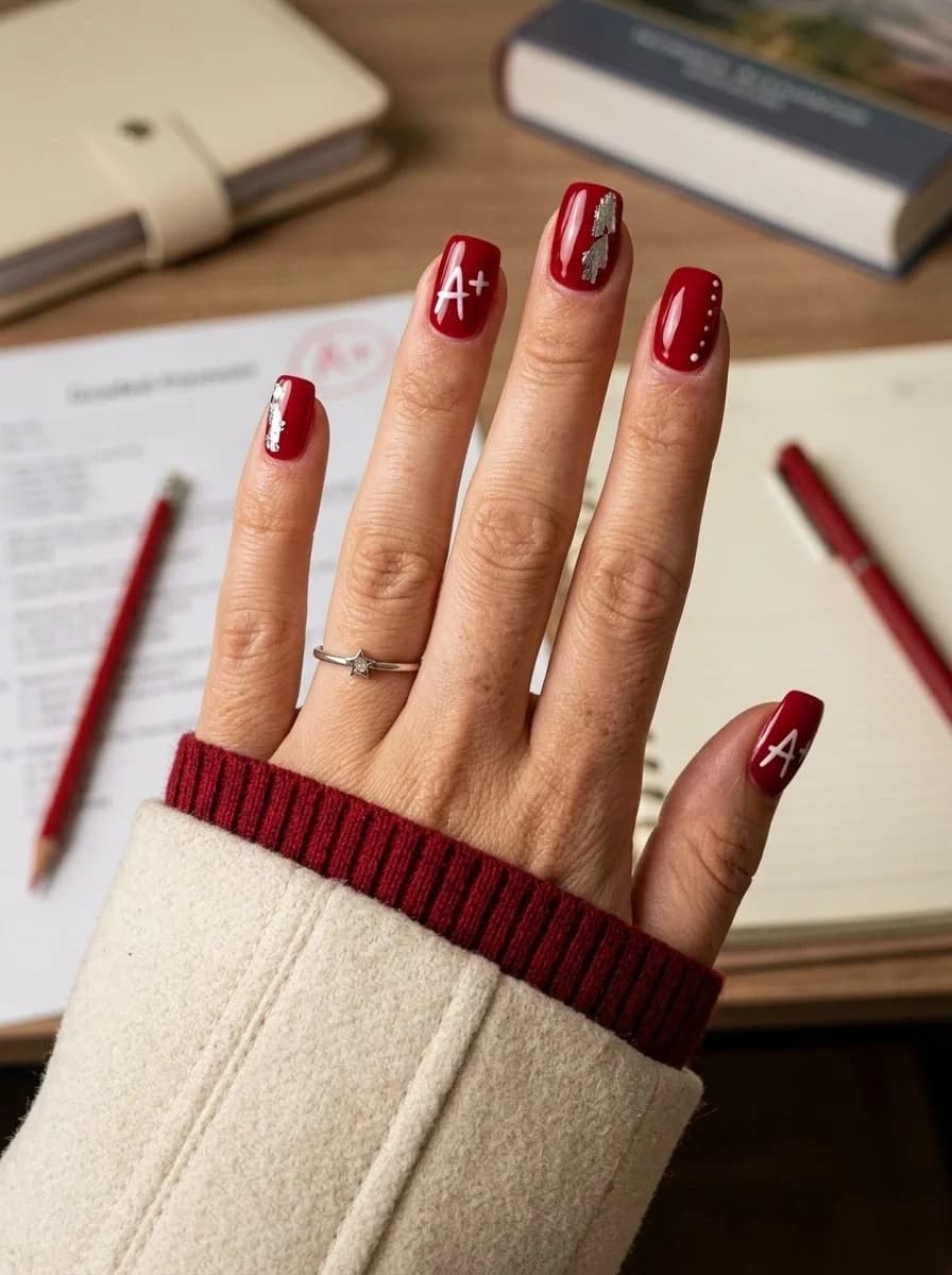 Glossy red nails with a red initial accent and delicate silver details