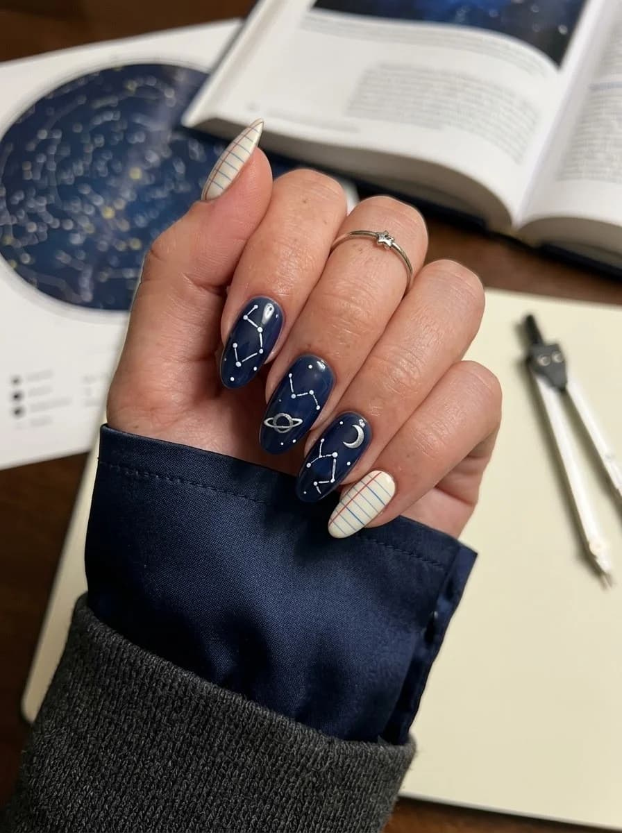Deep navy nails with delicate constellation lines, stars, and crescent moons
