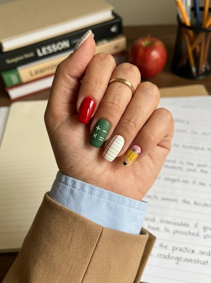Back-to-school nail art with red polish, green chalkboard math symbols, plaid, and a notebook pattern