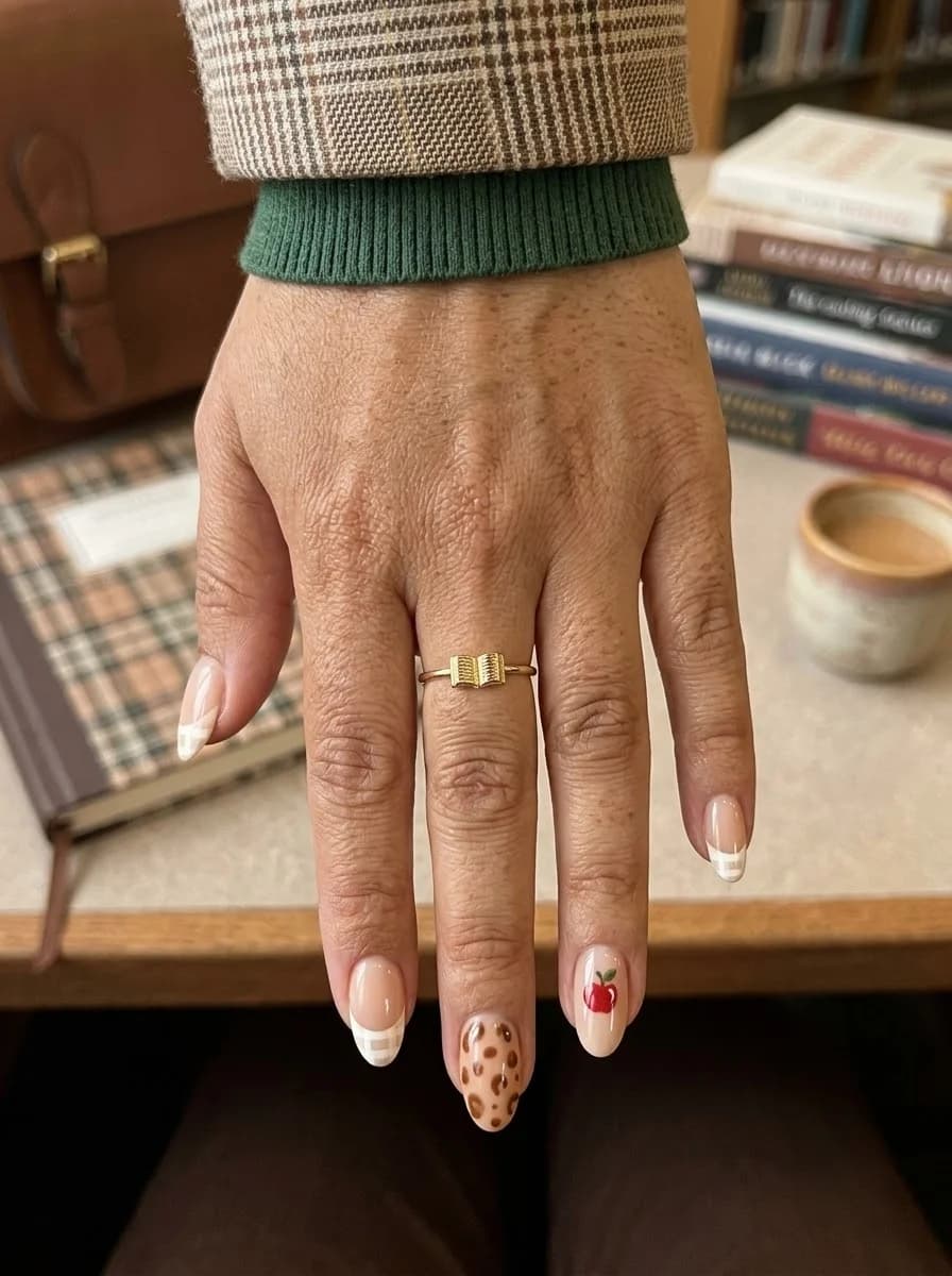 French tip nails with leopard print accents and a tiny red apple detail