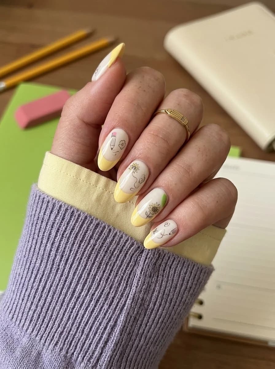 Butter yellow French tips with white nails and delicate black line art