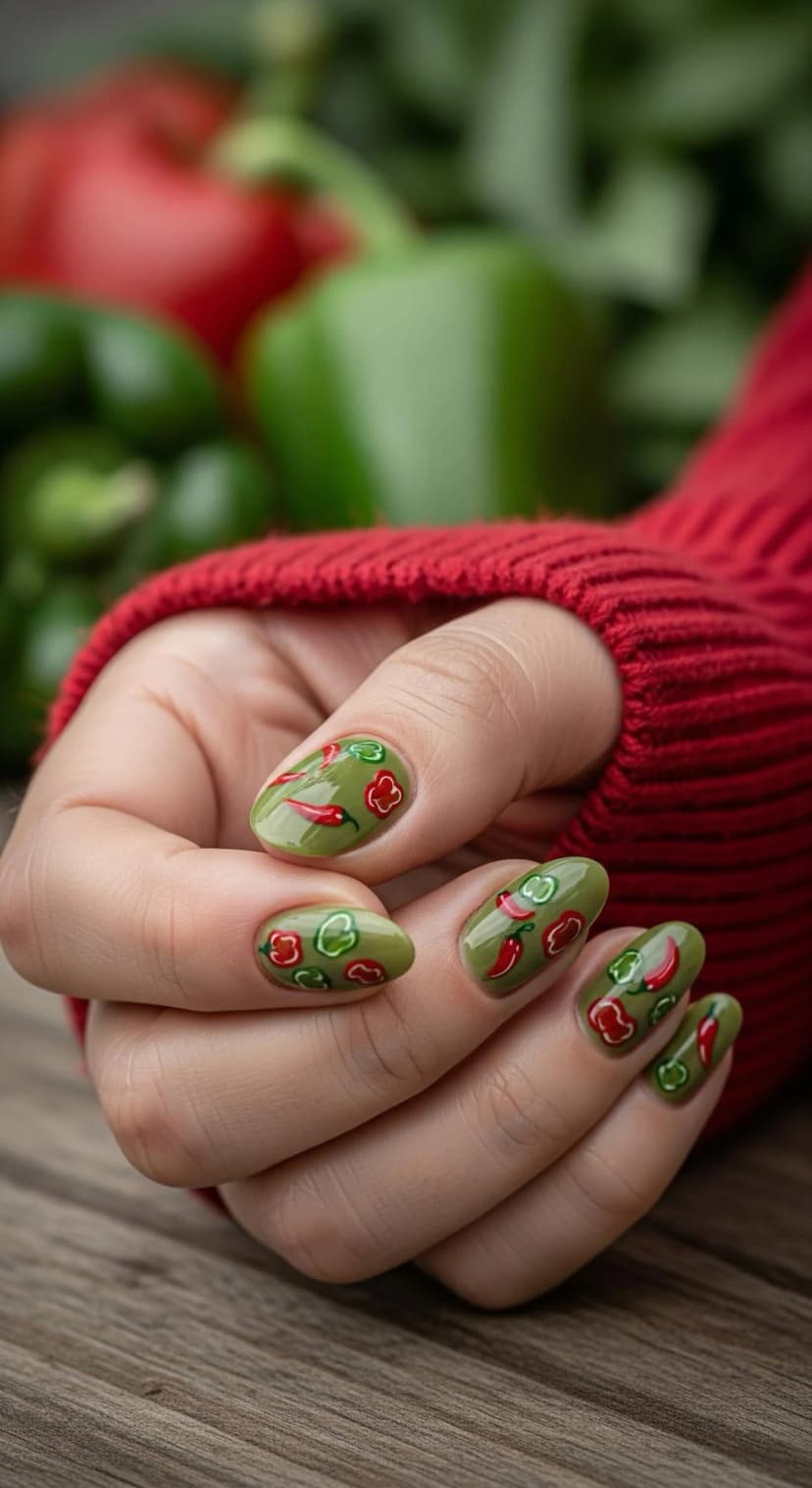 Olive Green Chili Pepper Print Nails + Glossy Finish