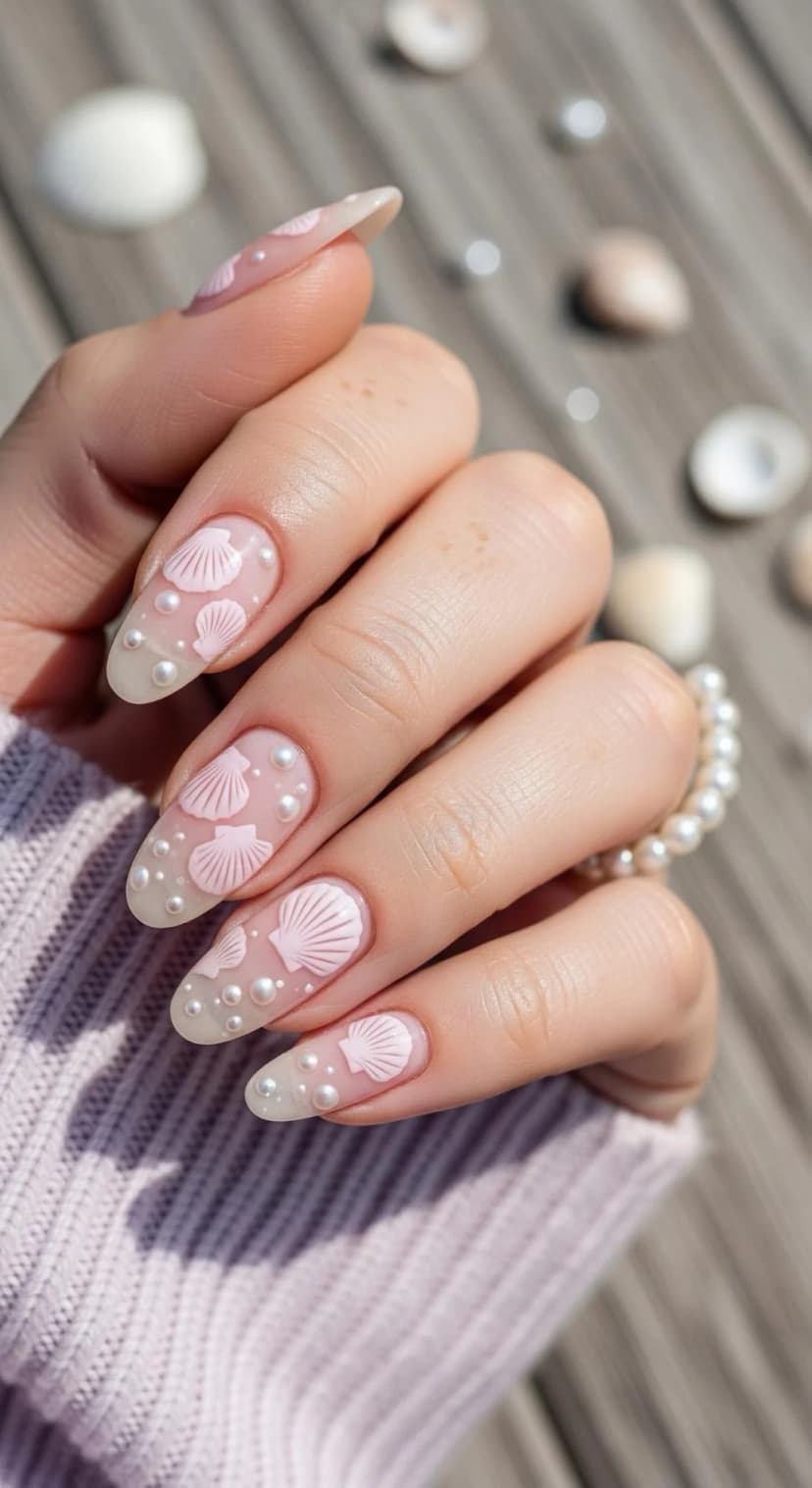 Light Pink Seashell Embossed Nails + Pearl Embellishments