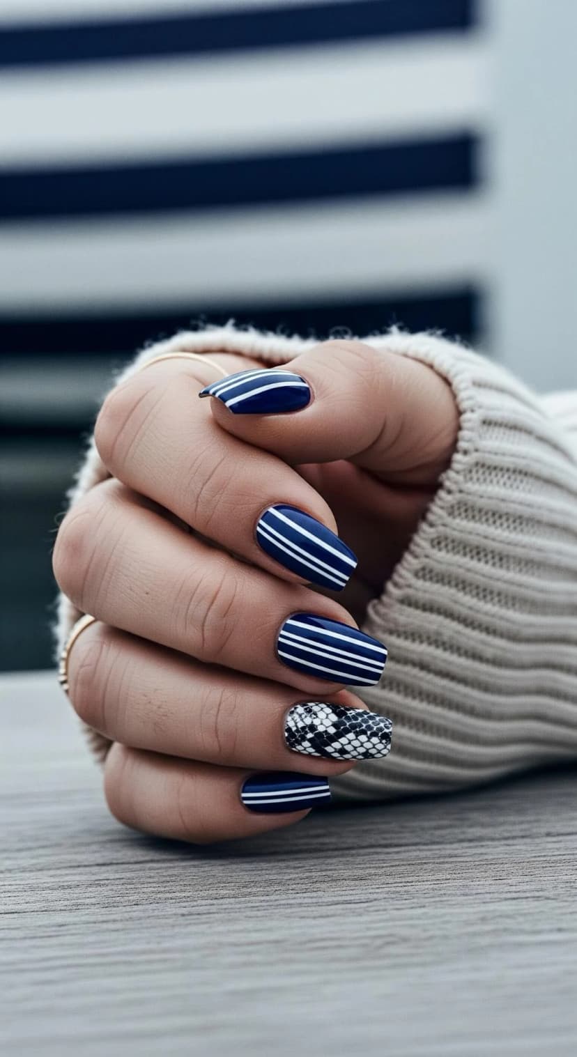 Navy and White Striped Nautical Nails + Snakeskin Accent