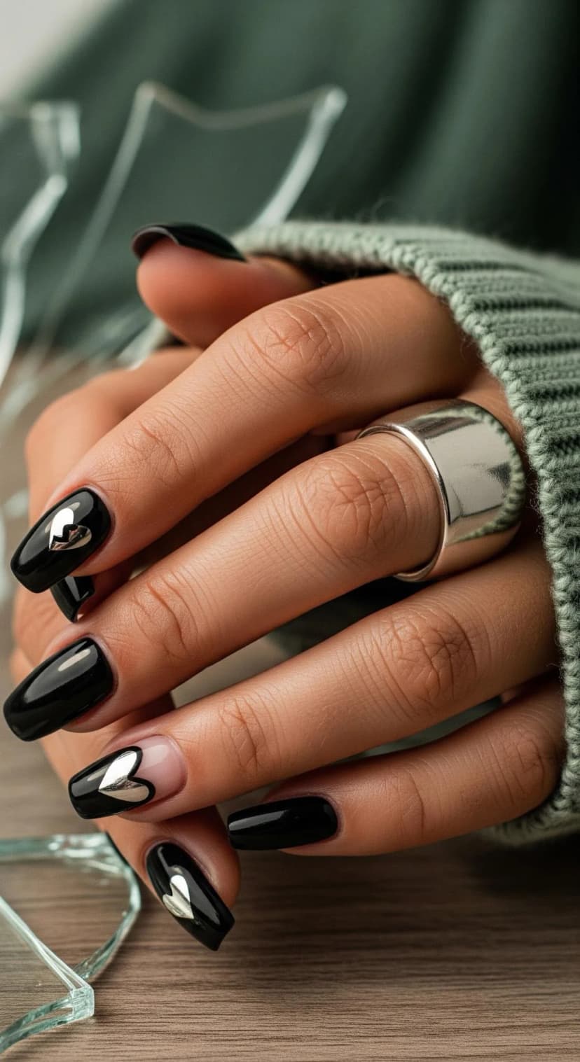 Black Nails with Silver Heart Appliqués