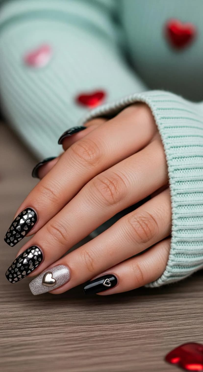 Black Coffin Nails with Silver Hearts, 3D Heart Accent & Heart Charms