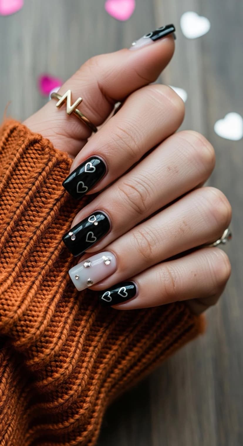 Black Nails with White Heart Details & Rhinestone Accents