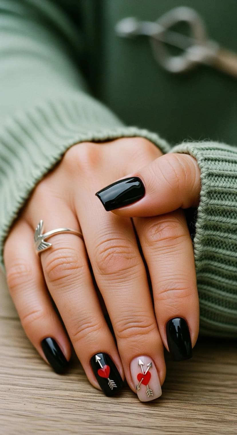 Black Glossy Nails with Nude & Red Heart Accent Nails