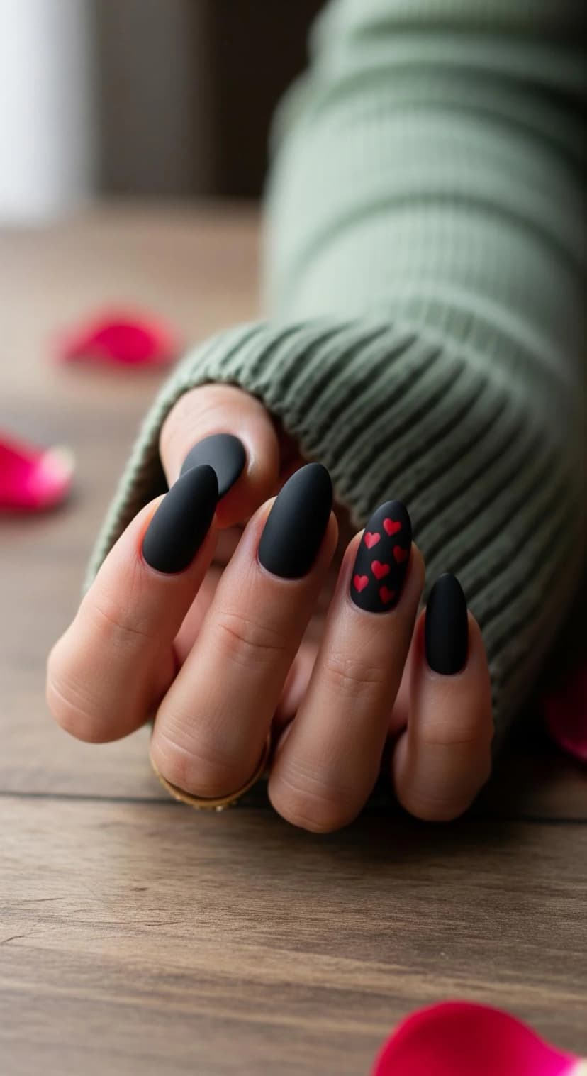 Matte Black Almond Nails with Red Heart Accents
