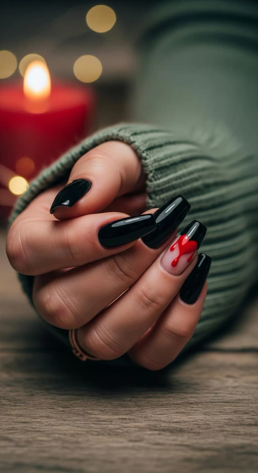 Black Glossy Coffin Nails with Red Dripping Heart Accent