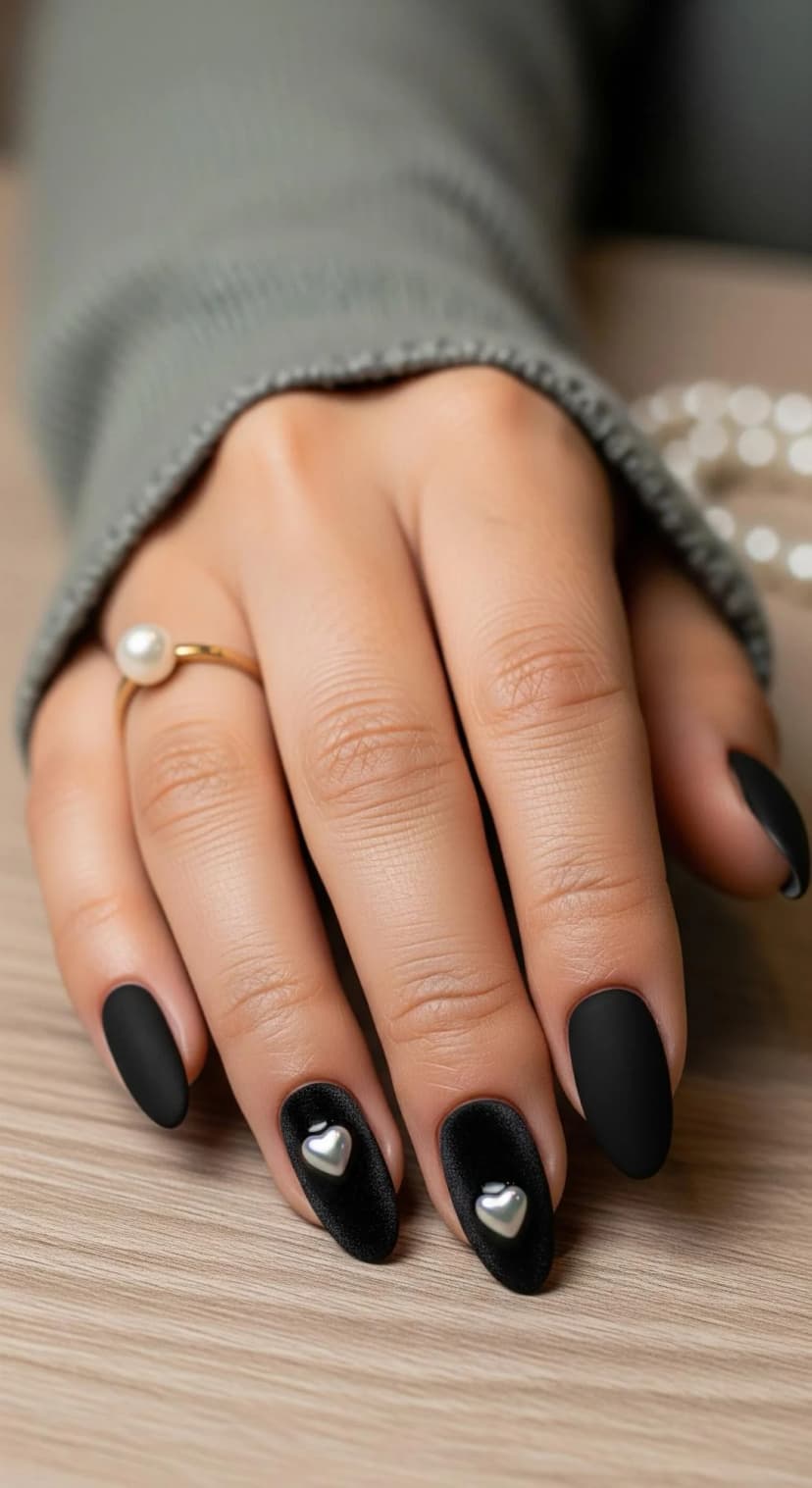 Matte Black Almond Nails with Velvet Heart Accents