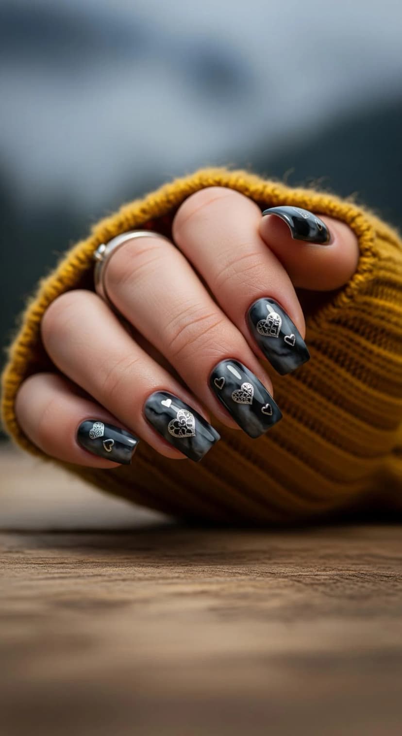 Grey Marble Swirl Nails with Silver Heart Details