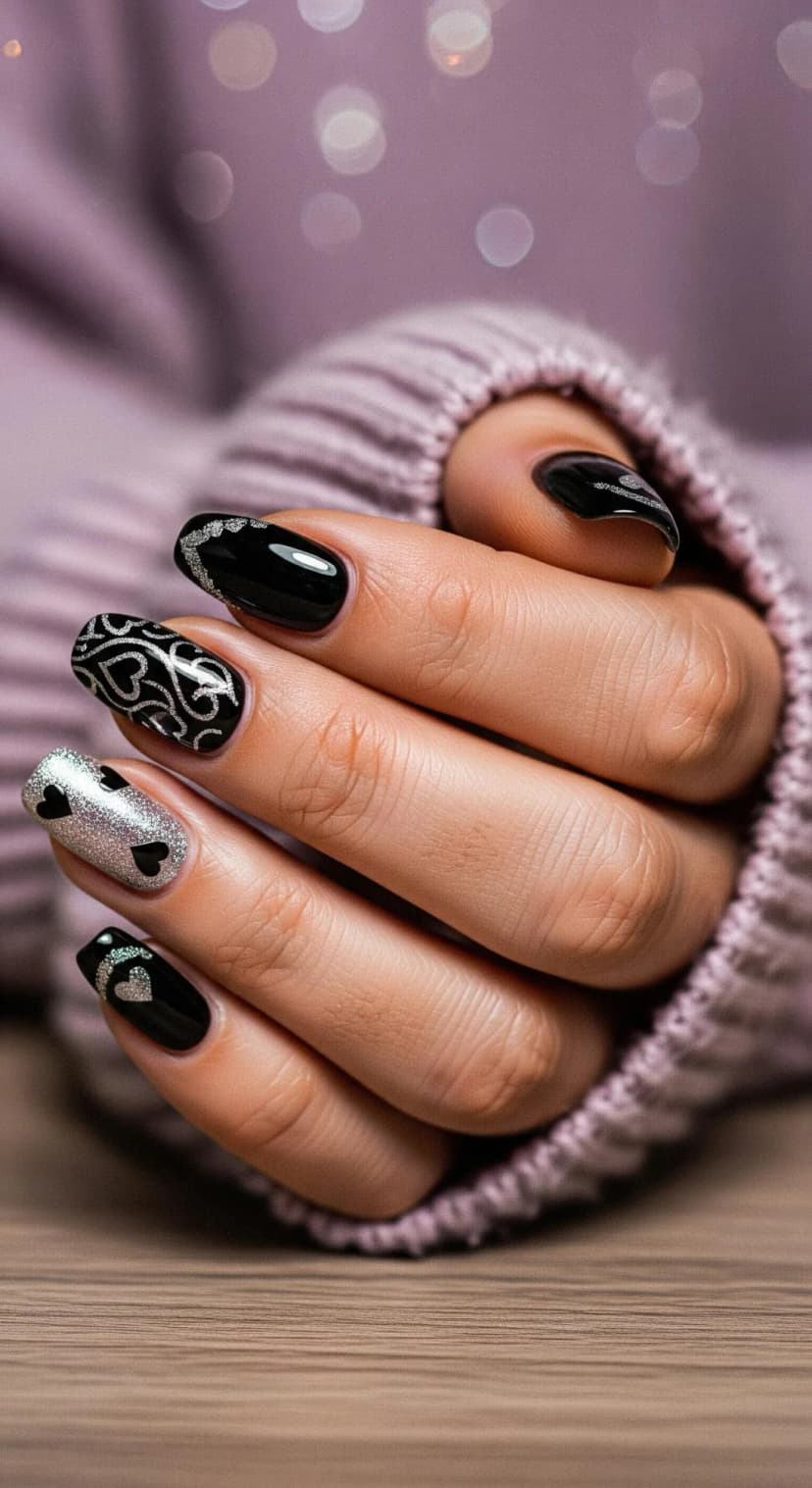 Black Glossy Nails with Silver Glitter Accents & Heart Details