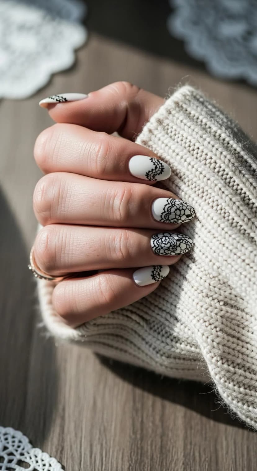 White Matte Almond Nails with Black Lace Art