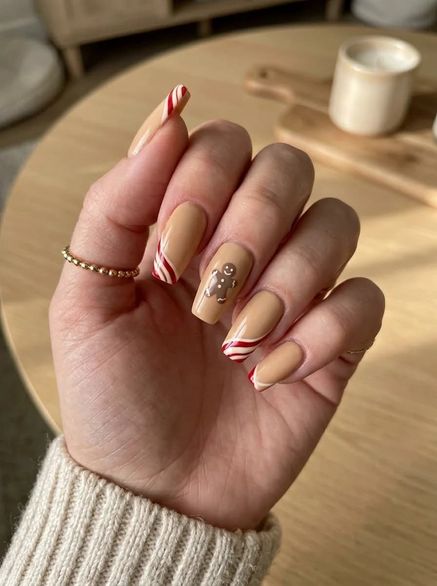 Nude nails with gingerbread man and red and white stripe accent nails