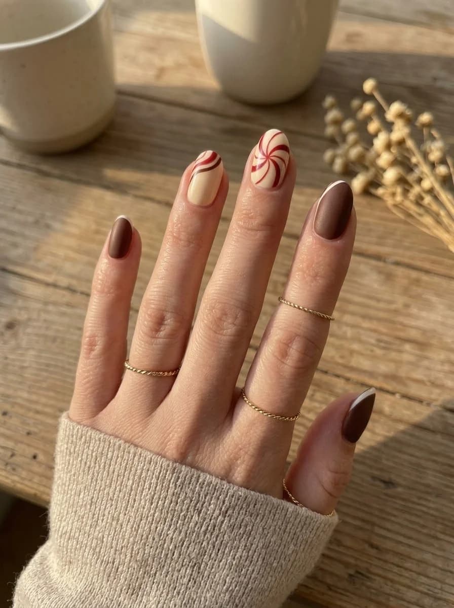 Chocolate brown nails with white stripe accents and nude and white stripe accents