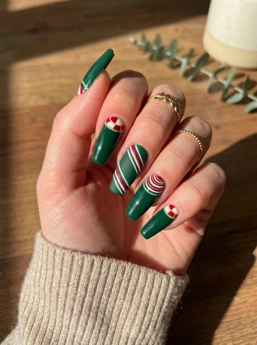 Dark green nails with red and white candy swirl accents and round candy accents