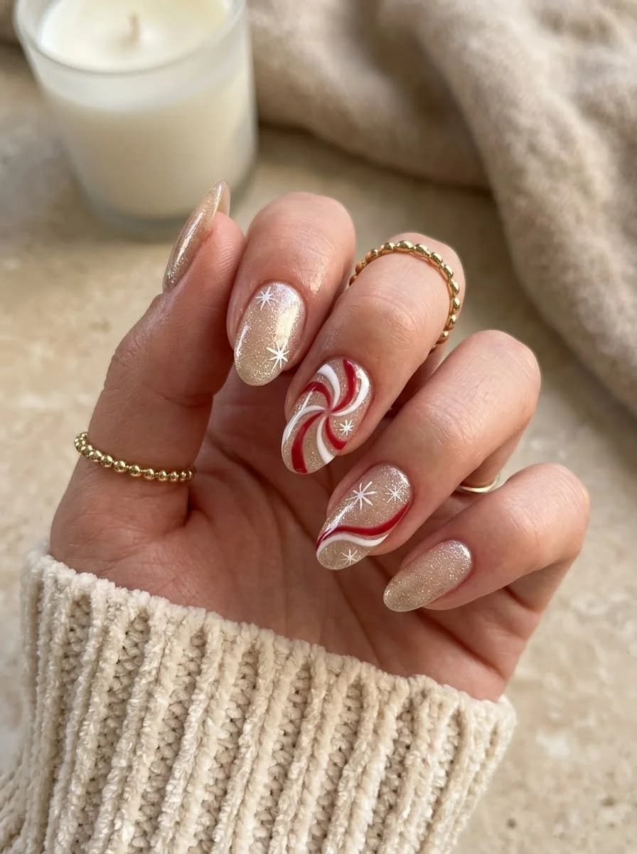 Champagne glitter nails with nude and red swirl accents and star accents