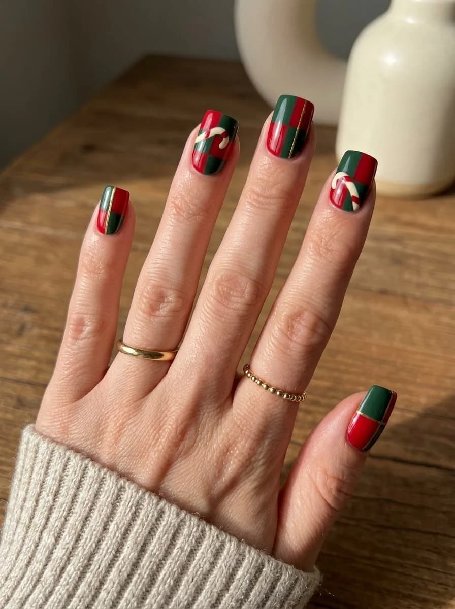 Green and red plaid nails with candy cane accents