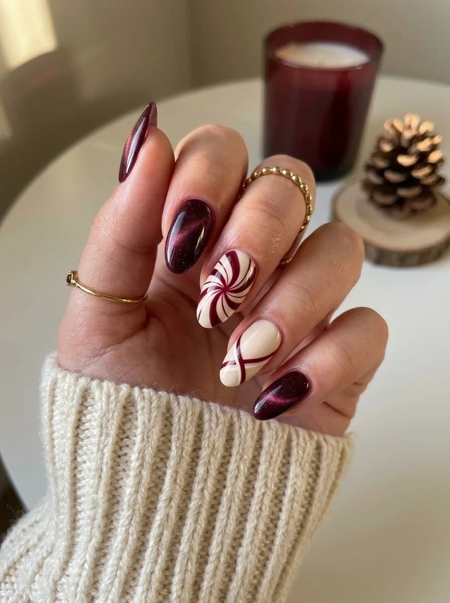 Metallic deep red nails with nude and red swirl accents