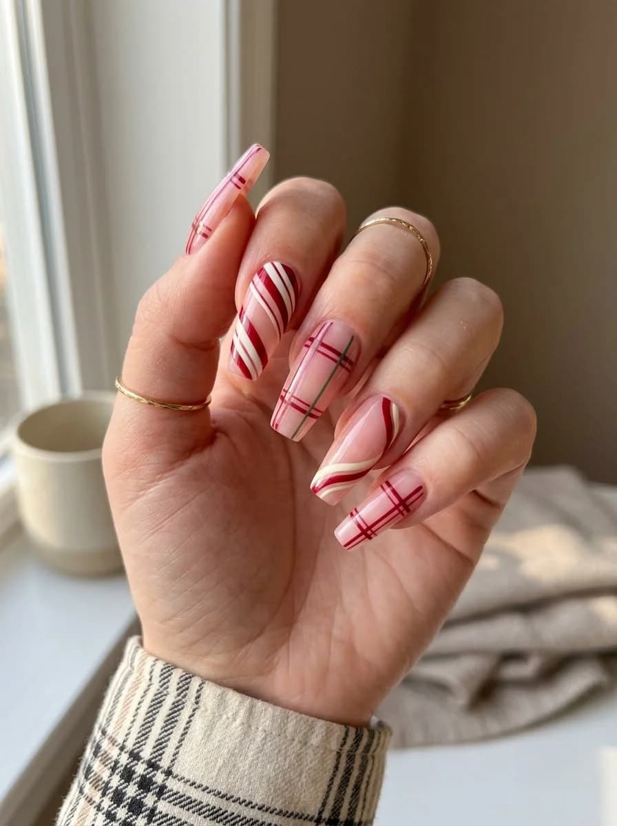 Nude nails with red and white stripe accents and red and white plaid accents