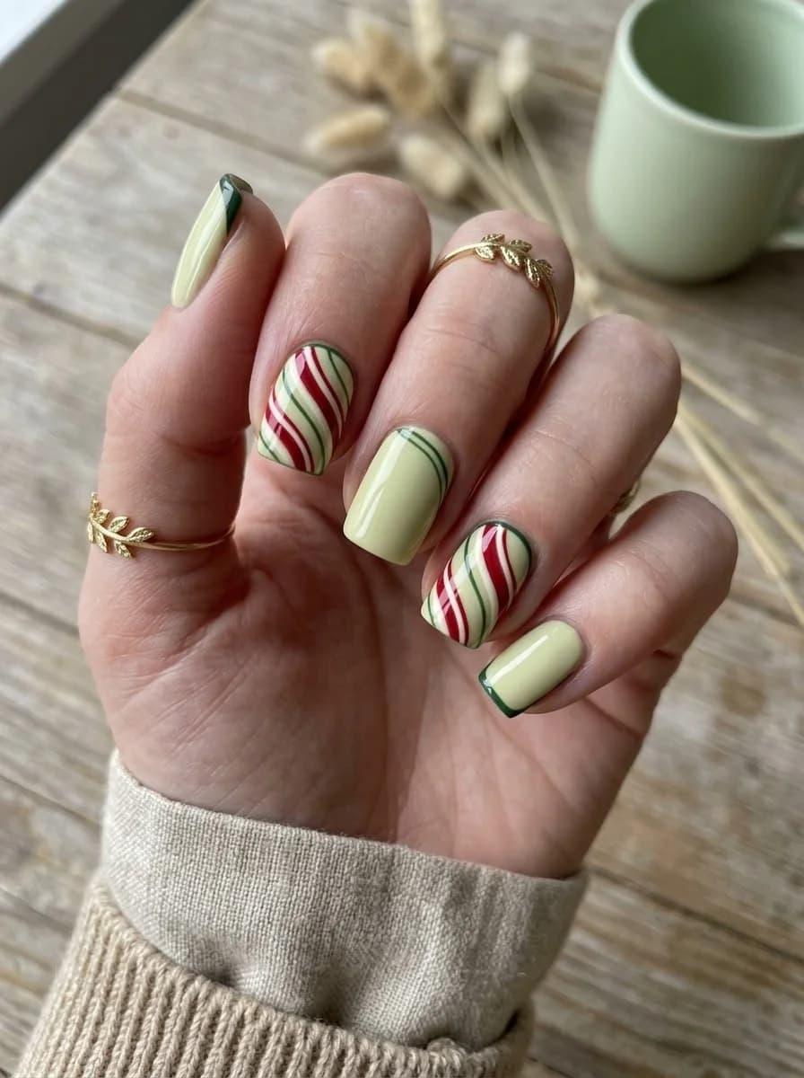 Pale yellow nails with red and green stripe accents and green tips