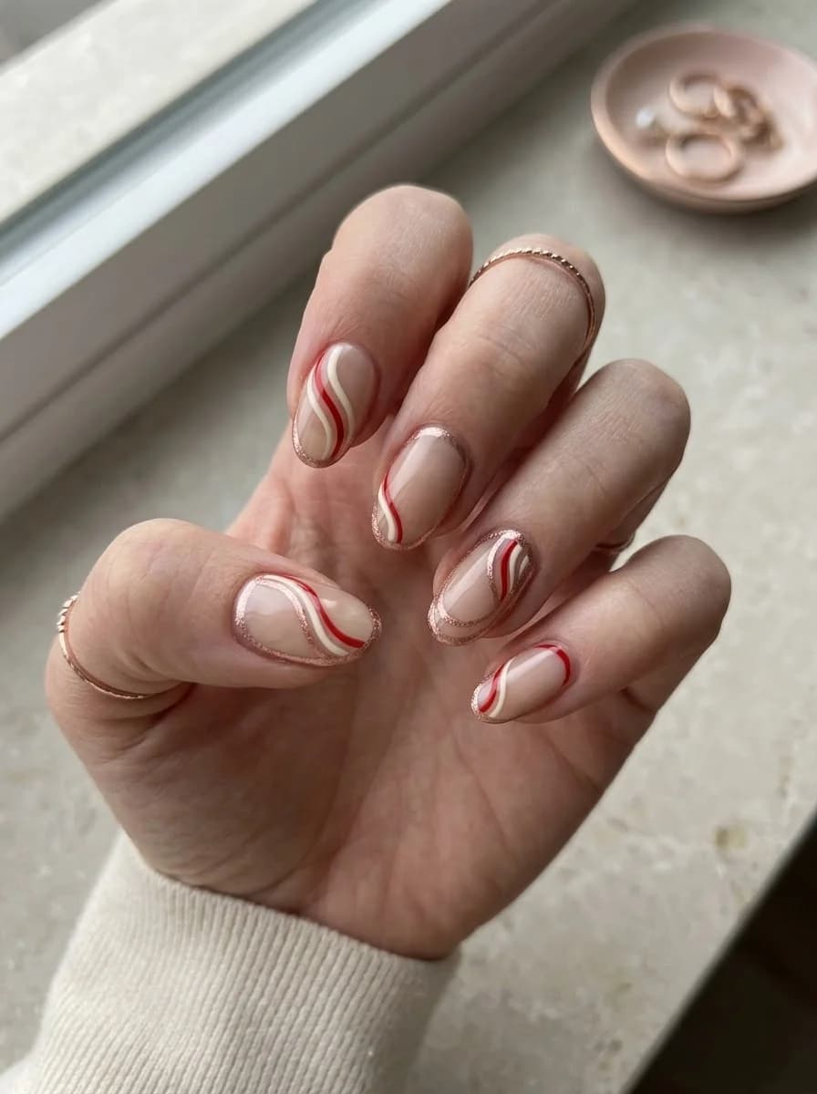 Nude nails with rose gold glitter nude and red swirl accents