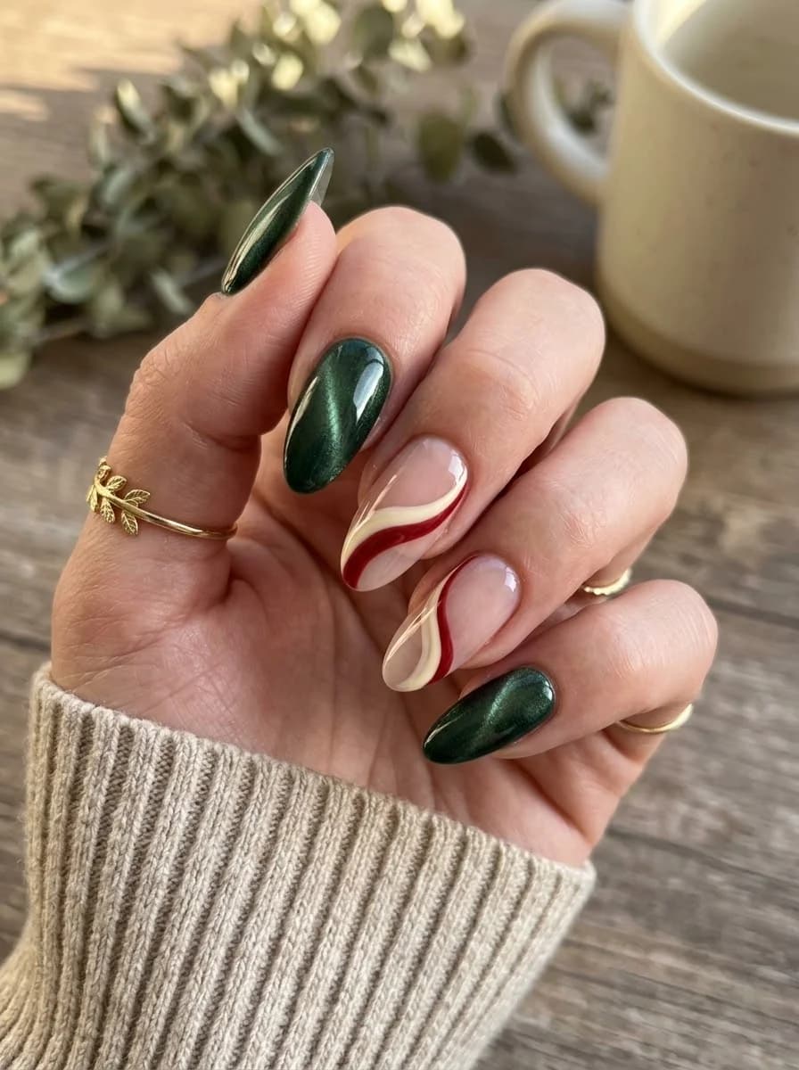 Metallic deep green nails nude and red swirl accents