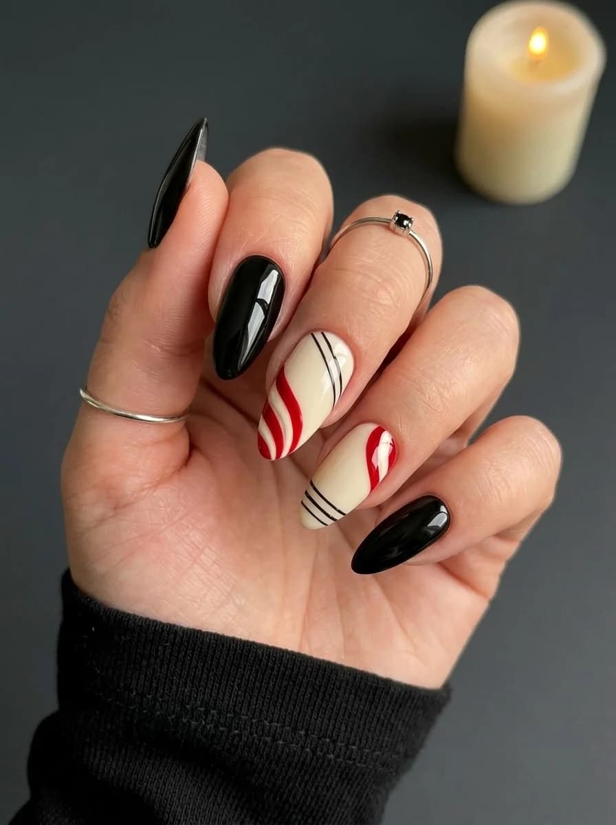 Black nails nude and red stripe accents