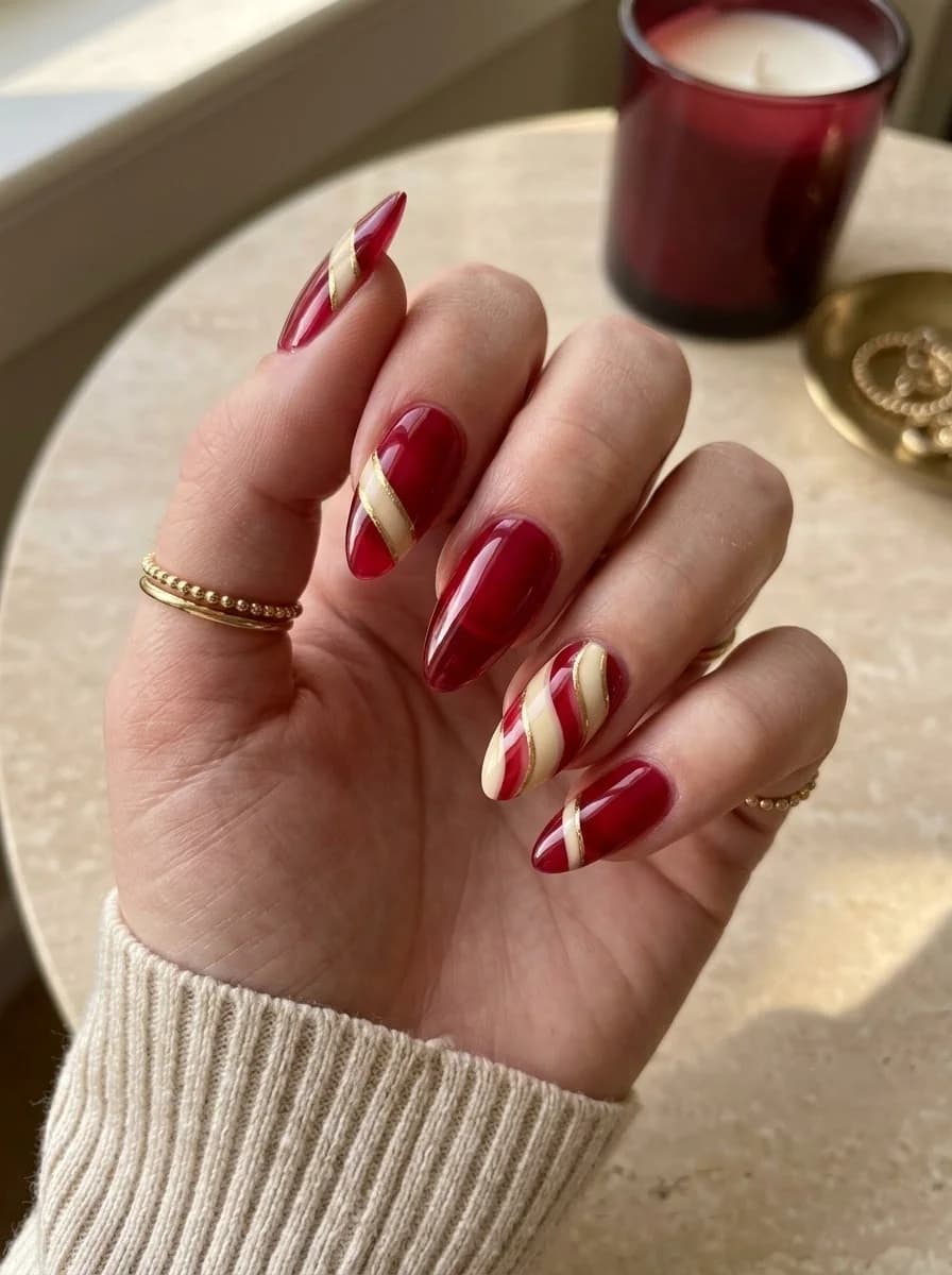 Deep red nails with nude and gold stripe accents