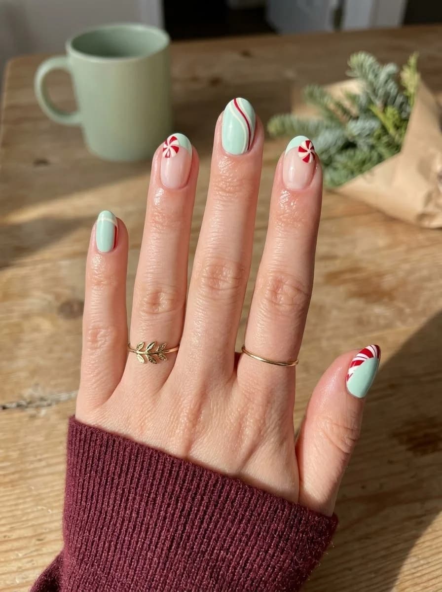 Mint green nails with red and white stripe accents