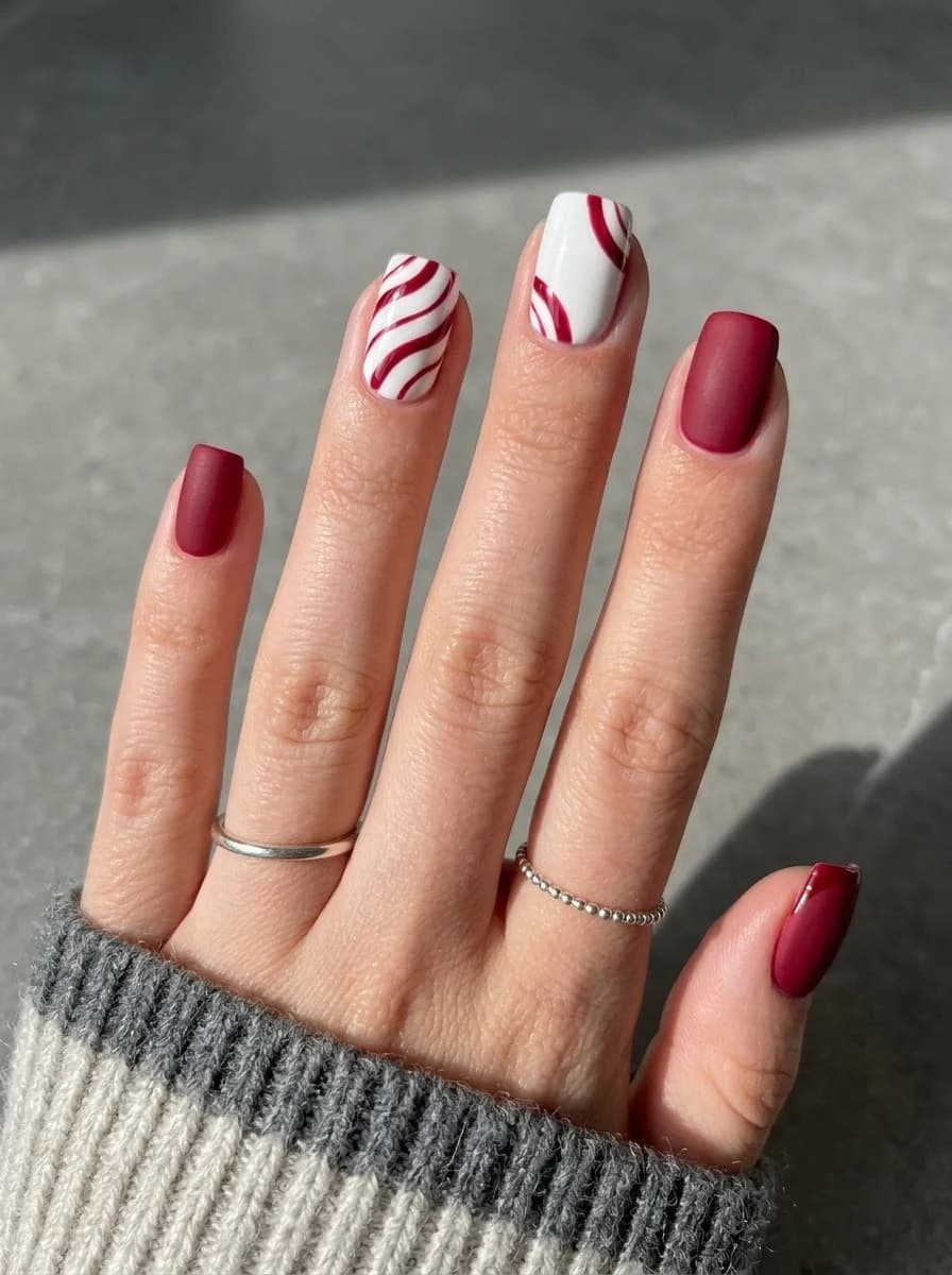 Matte deep red nails with white and red stripe accent nails
