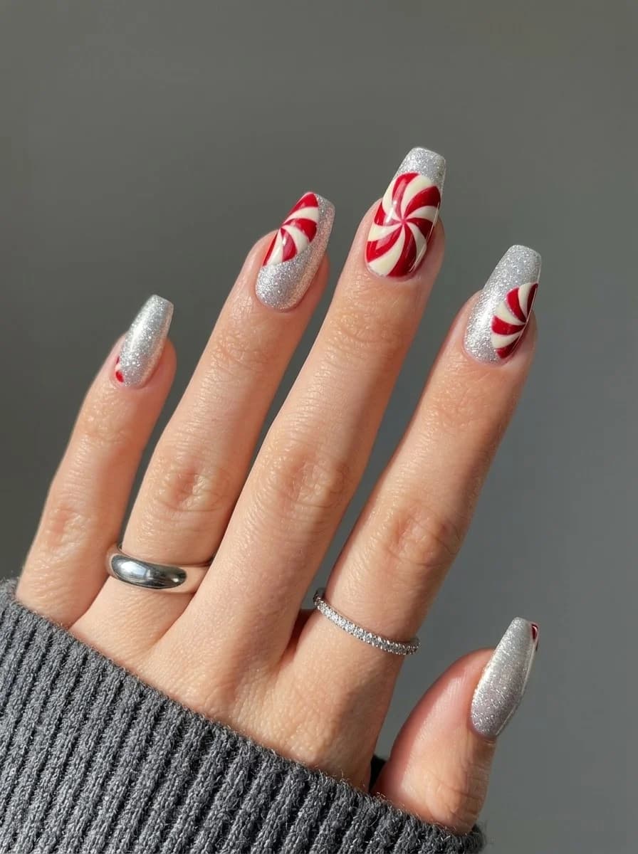 Silver glitter nails with red and white swirl accents