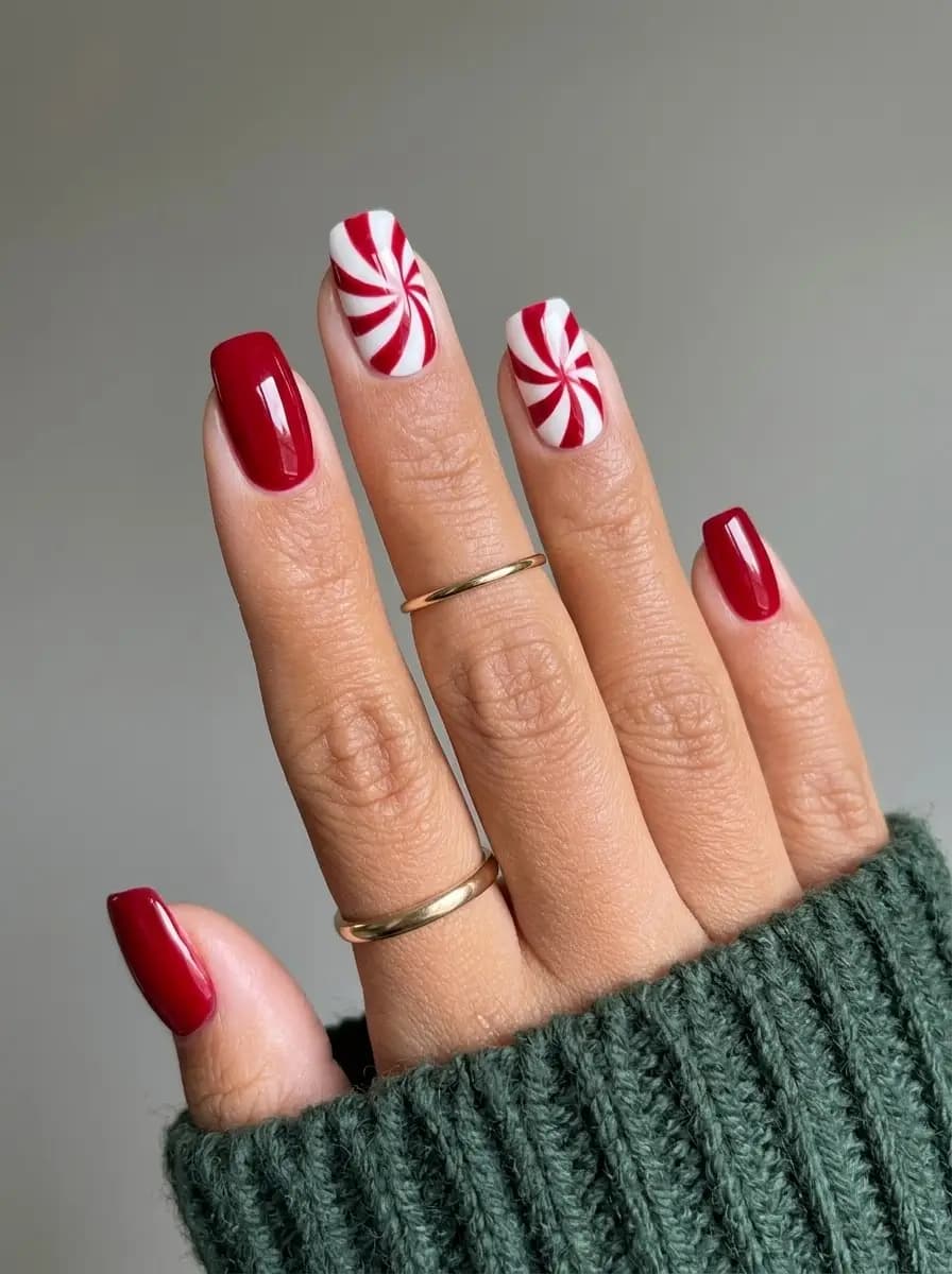 Glossy red peppermint swirl Christmas nails with white accent swirls