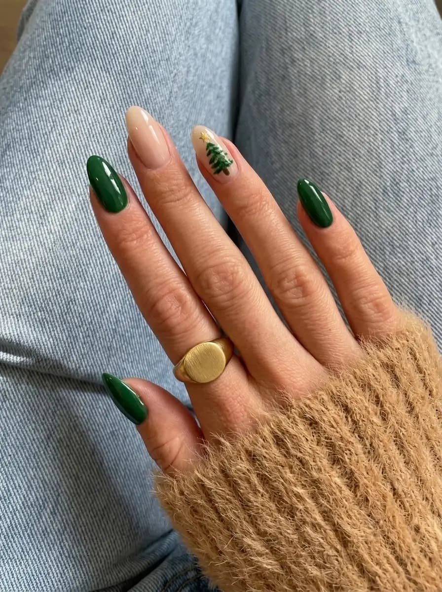 Deep green Christmas tree accent nails with hand-painted evergreen tree and gold star
