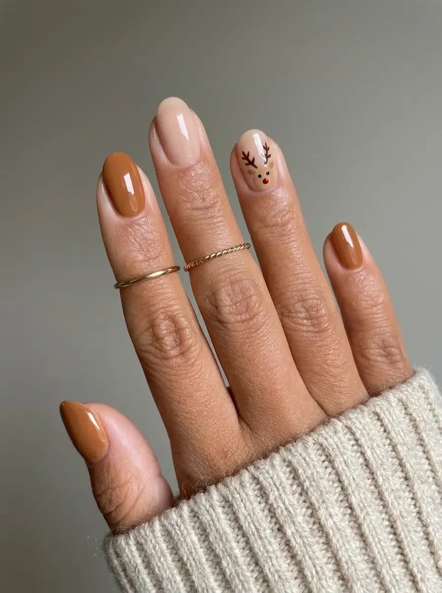 Warm brown reindeer Christmas nails with caramel polish and cute Rudolph face accent