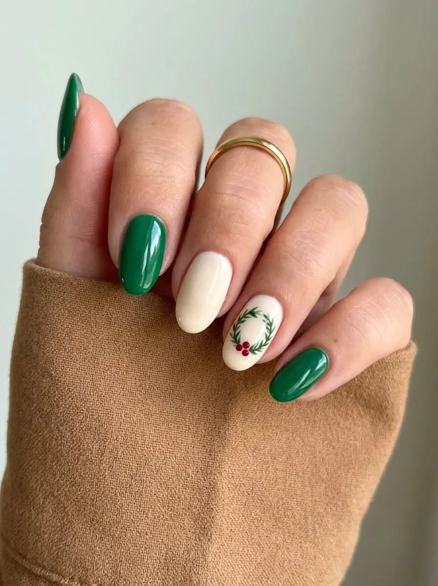 Green and cream holly wreath Christmas nails with circular leafy wreath and red berries