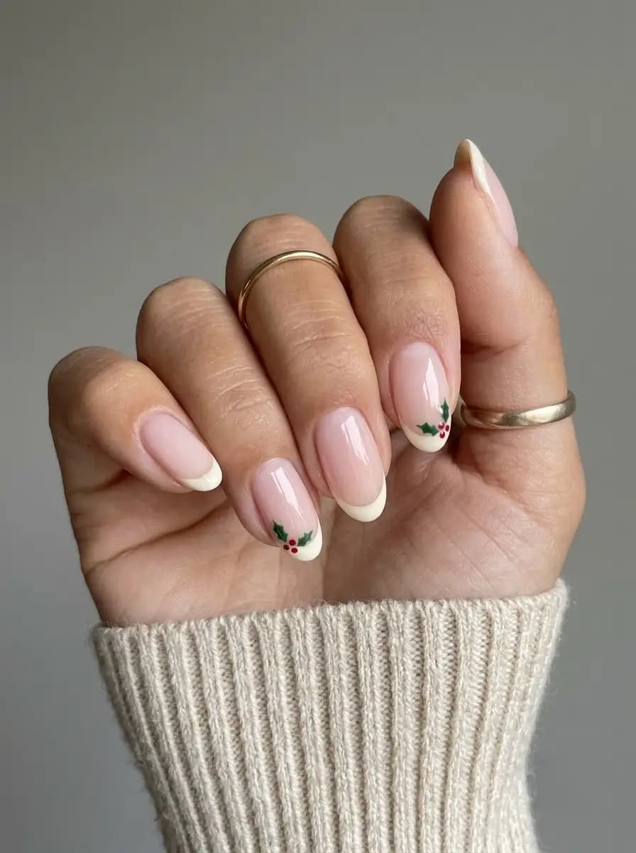 Soft French Christmas nails with delicate holly leaves and red berry accents along the tips