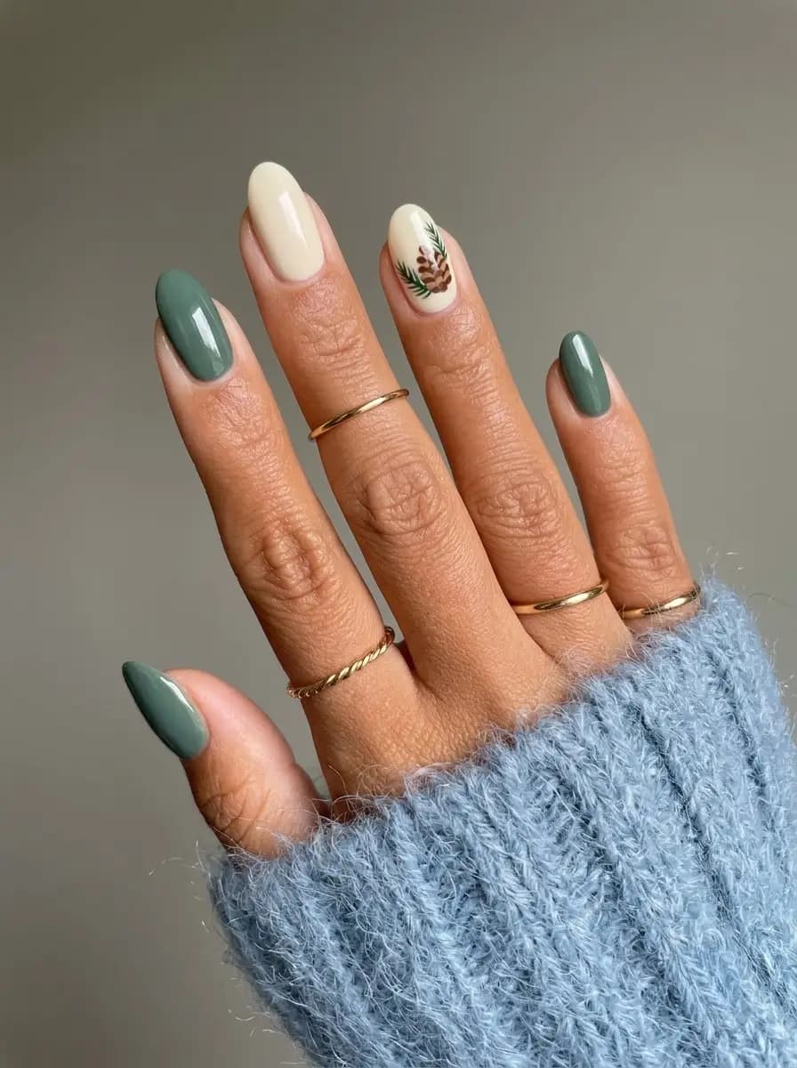 Soft green pine sprig Christmas nails with pinecone and evergreen foliage artwork