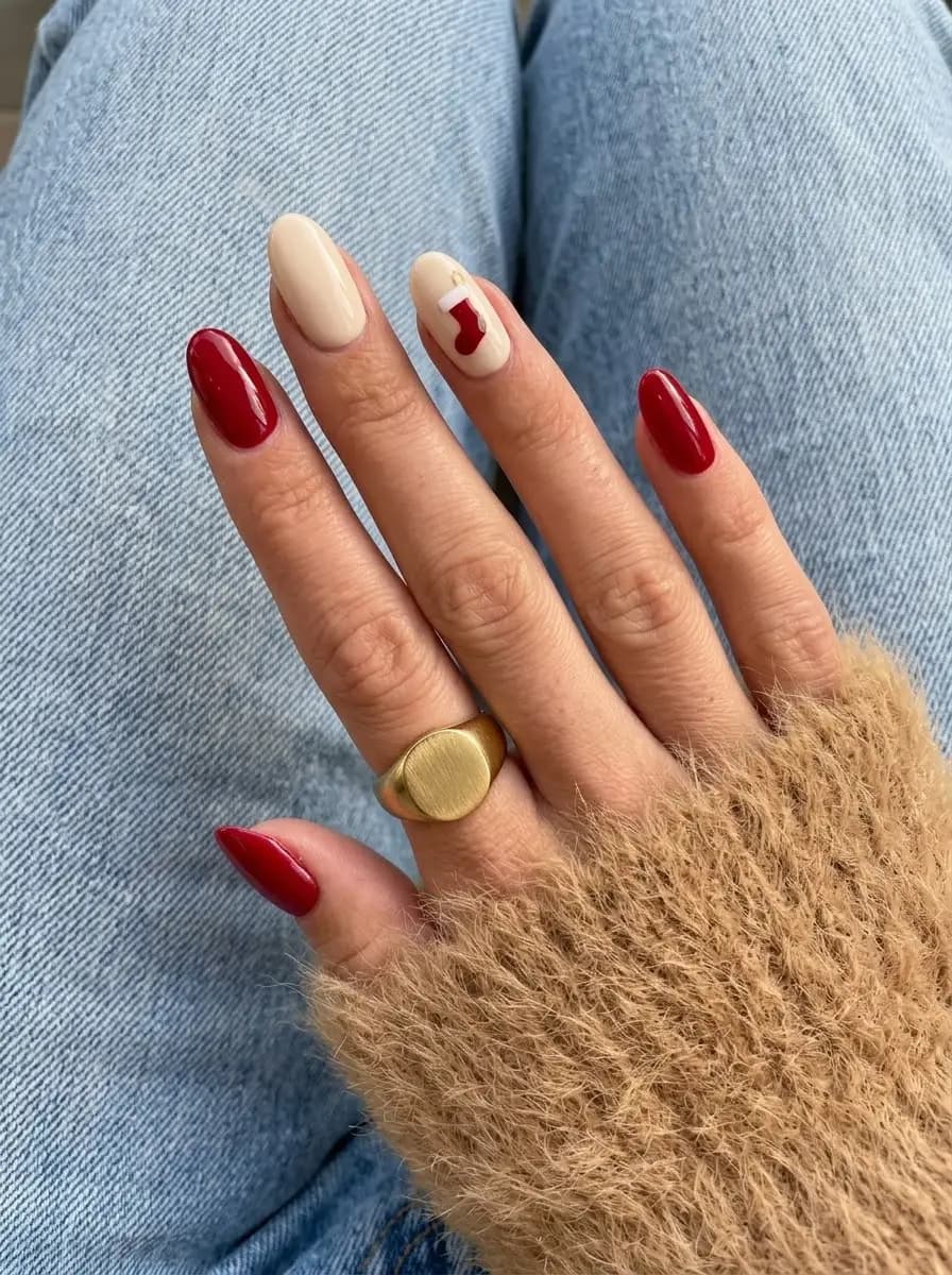 Red and cream Christmas stocking nails with tiny hand-painted holiday stocking accent