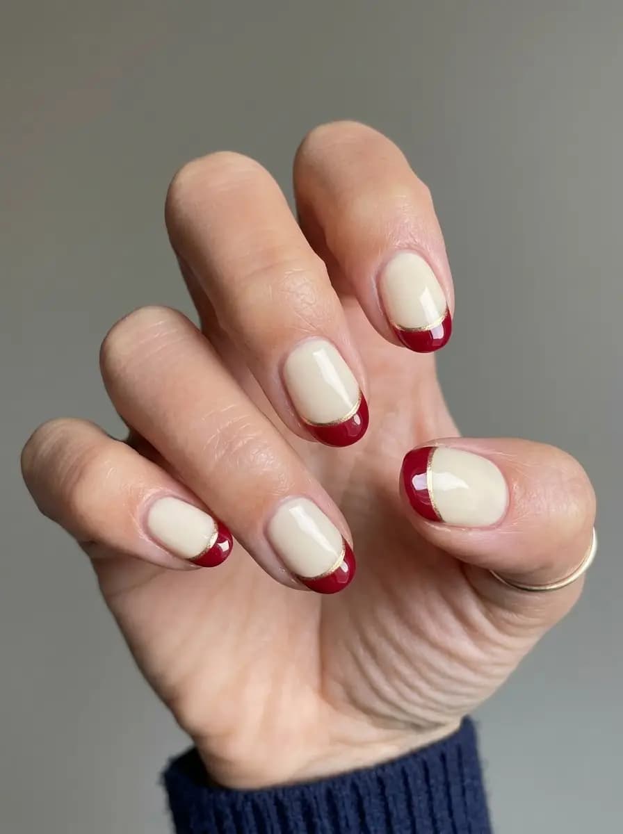 Burgundy French tips with fine metallic gold border lines on a neutral ivory base