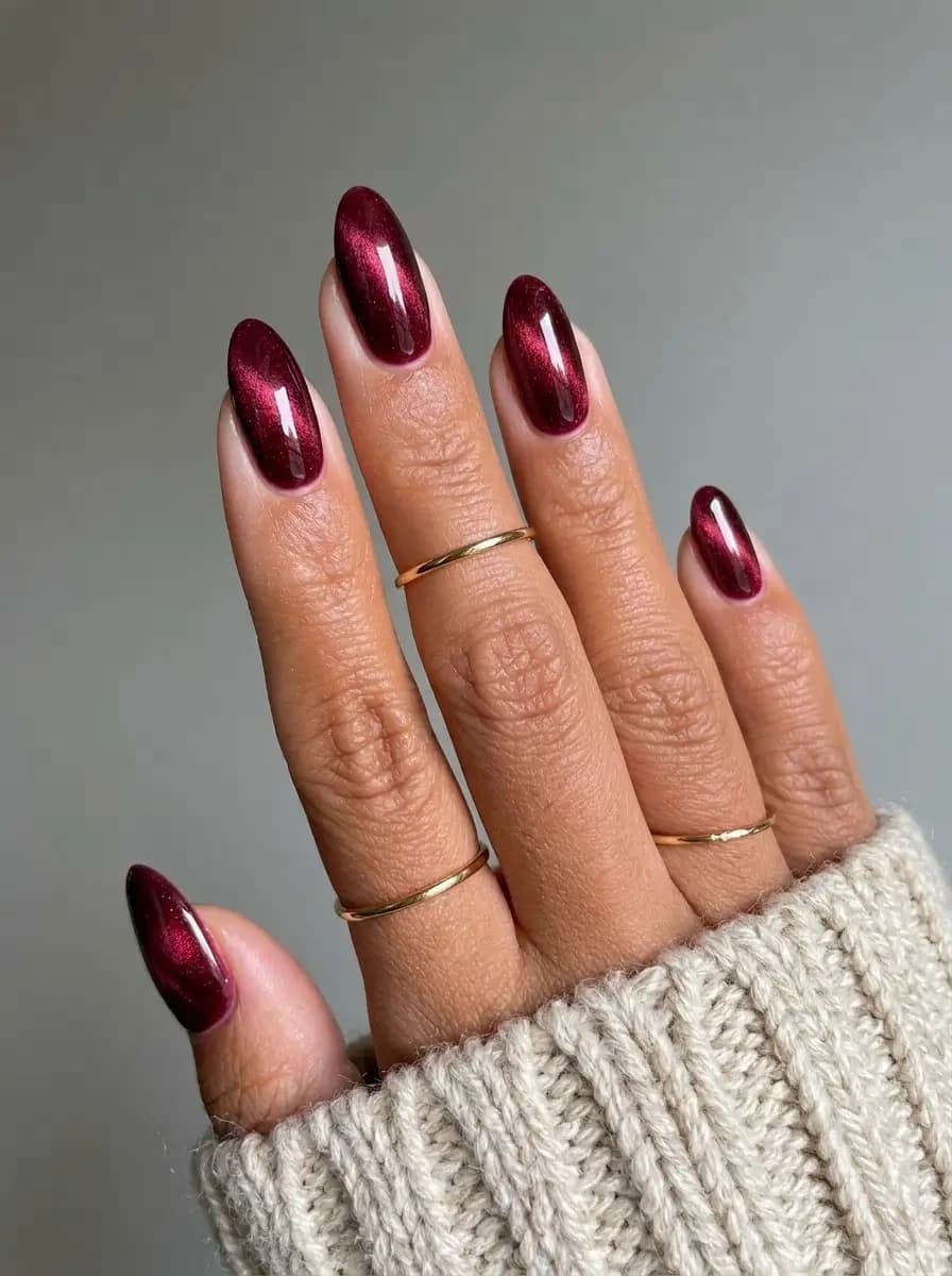 Deep red magnetic cat-eye Christmas nails with luminous velvety light streak