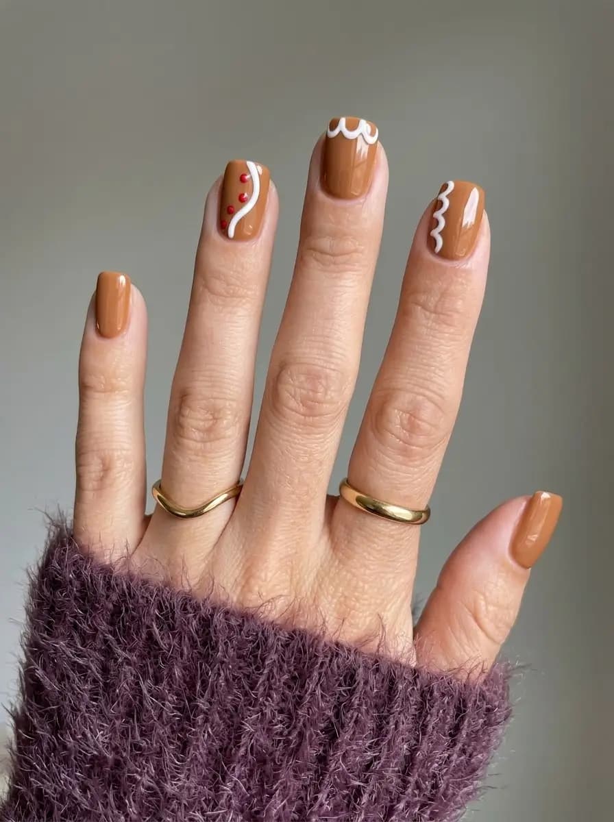 Gingerbread brown Christmas nails with white icing swirls and tiny red candy dot details